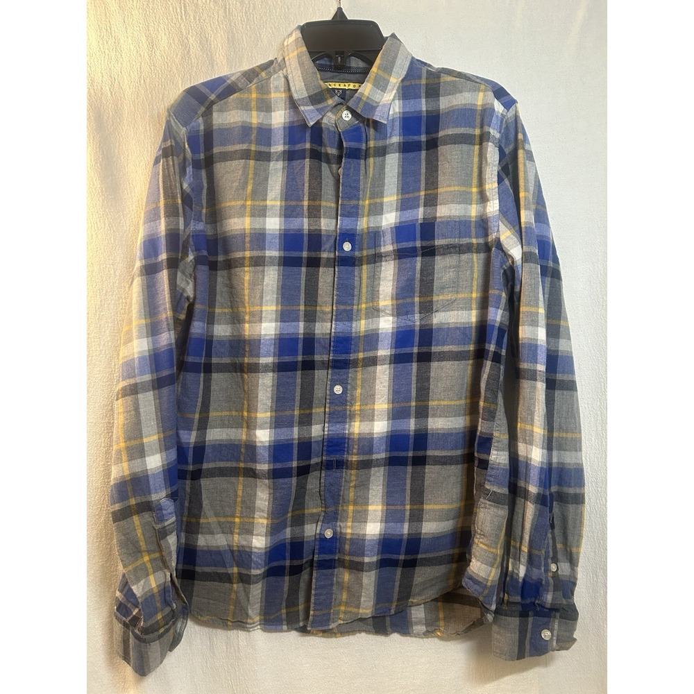 Prince & Fox Mens Long Sleeve Button Up Flannel Shirt Plaid Blue Medium Pockets